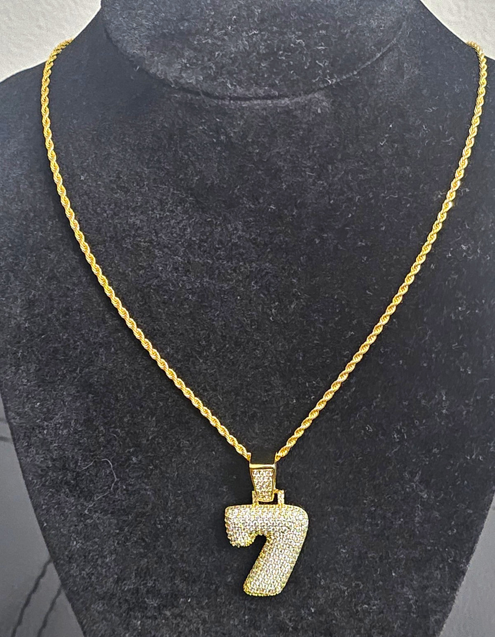 24in. Gold Plated steel-1.5mm Rope Chain w/Pave Clear CZs Number 7 Pendant